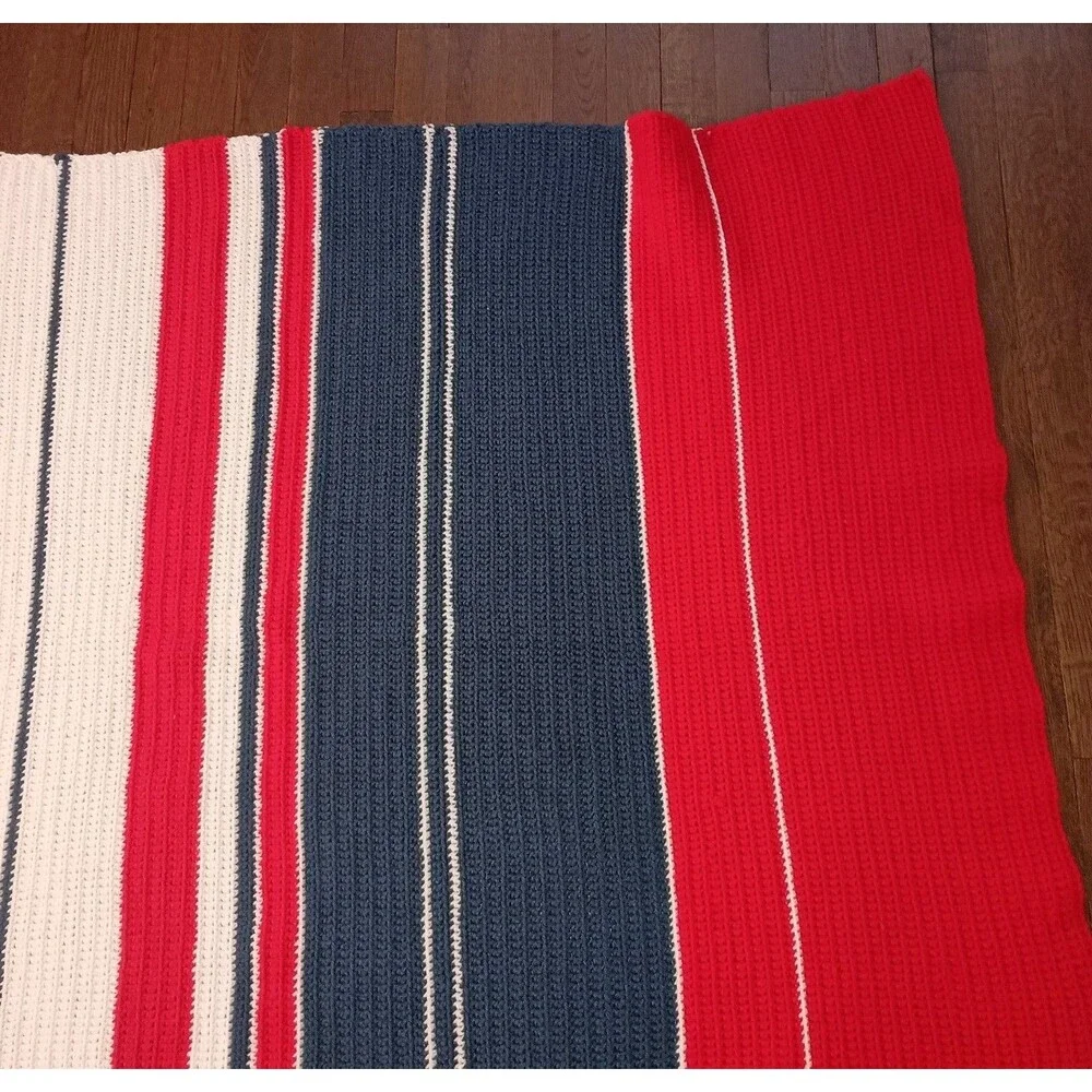 Vintage Hand Crocheted Afghan Throw Blanket Patriotic Red White Blue 43 x 53.5